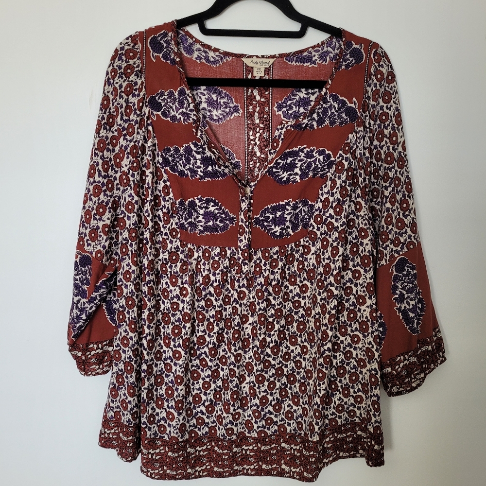 LUCKY BRAND Top Relaxed Loose Fit Floral Pattern Size 2X Cotton Boho